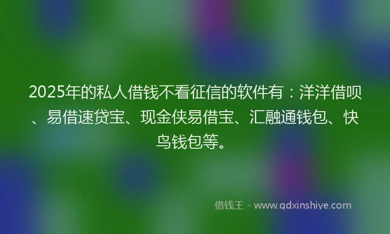 2025年的私人借钱不看征信的软件有：洋洋借呗、易借速贷宝、现金侠易借宝、汇融通钱包、快鸟钱包等。
