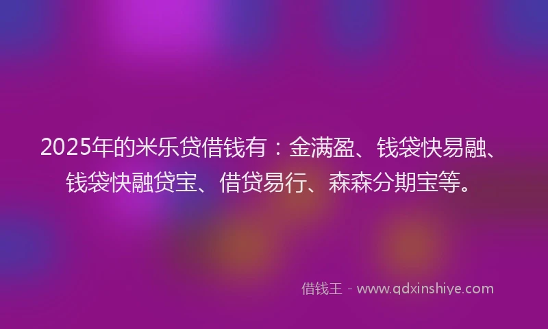 2025年的米乐贷借钱有：金满盈、钱袋快易融、钱袋快融贷宝、借贷易行、森森分期宝等。