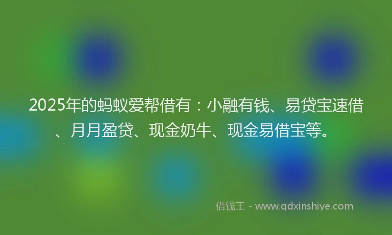 2025年的蚂蚁爱帮借有：小融有钱、易贷宝速借、月月盈贷、现金奶牛、现金易借宝等。