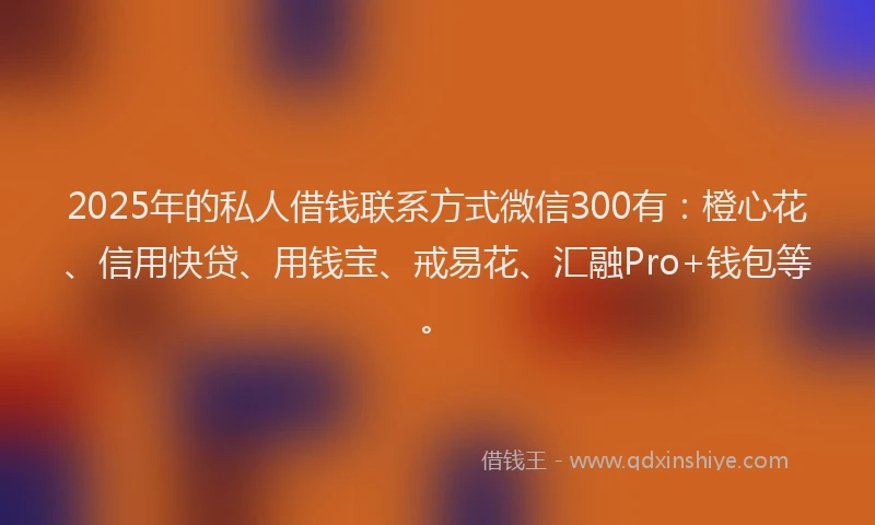 2025年的私人借钱联系方式微信300有：橙心花、信用快贷、用钱宝、戒易花、汇融Pro+钱包等。