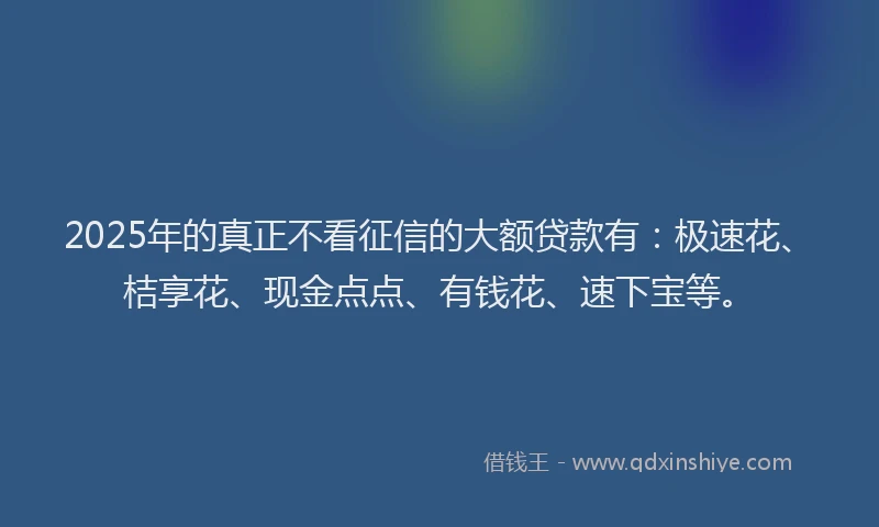 2025年的真正不看征信的大额贷款有：极速花、桔享花、现金点点、有钱花、速下宝等。