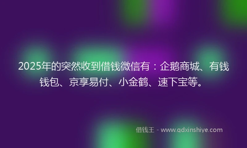 2025年的突然收到借钱微信有：企鹅商城、有钱钱包、京享易付、小金鹤、速下宝等。