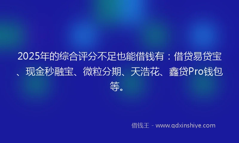 2025年的综合评分不足也能借钱有：借贷易贷宝、现金秒融宝、微粒分期、天浩花、鑫贷Pro钱包等。