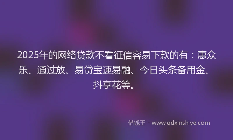2025年的网络贷款不看征信容易下款的有：惠众乐、通过放、易贷宝速易融、今日头条备用金、抖享花等。