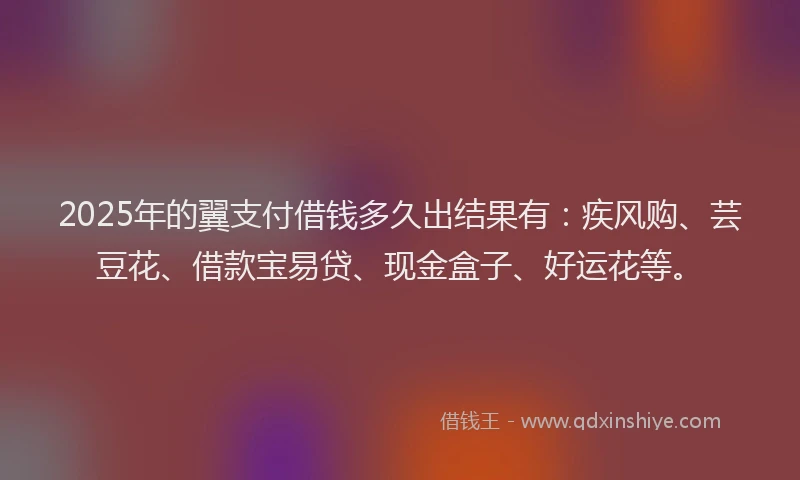 2025年的翼支付借钱多久出结果有：疾风购、芸豆花、借款宝易贷、现金盒子、好运花等。