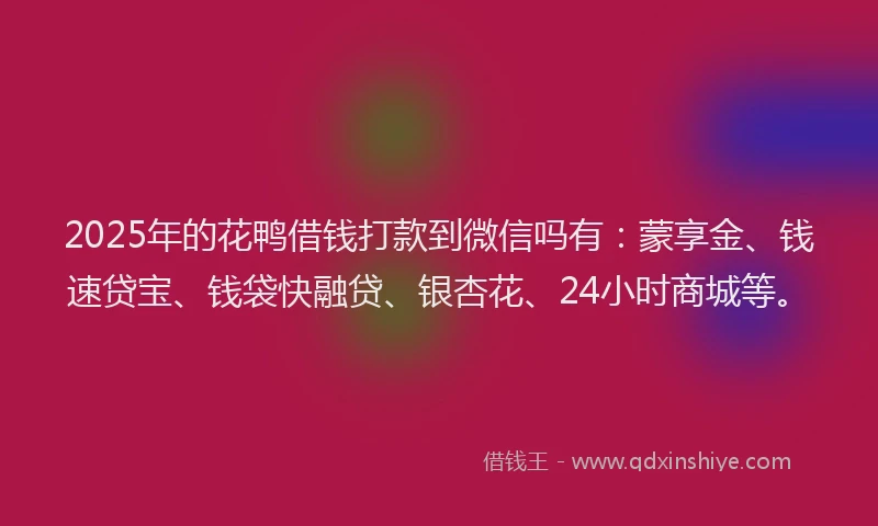 2025年的花鸭借钱打款到微信吗有：蒙享金、钱速贷宝、钱袋快融贷、银杏花、24小时商城等。