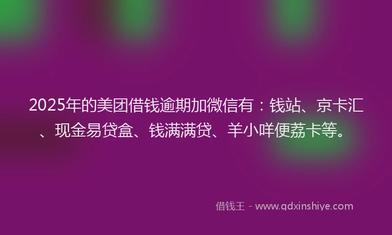 2025年的美团借钱逾期加微信有：钱站、京卡汇、现金易贷盒、钱满满贷、羊小咩便荔卡等。
