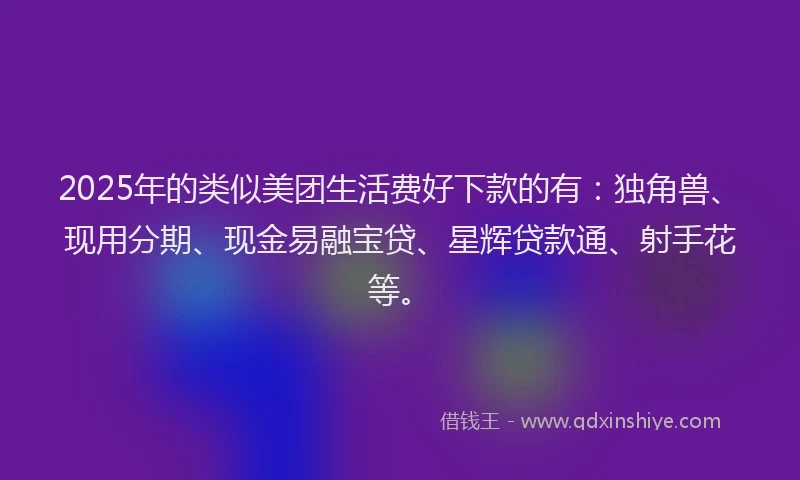 2025年的类似美团生活费好下款的有：独角兽、现用分期、现金易融宝贷、星辉贷款通、射手花等。