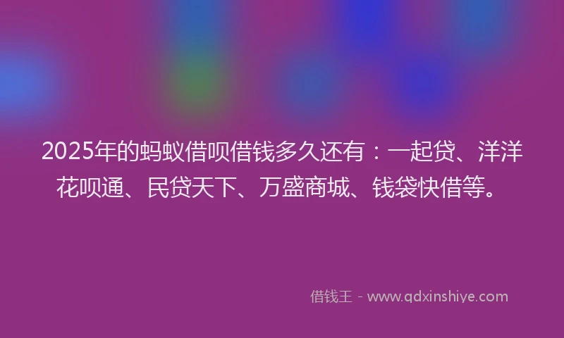 2025年的蚂蚁借呗借钱多久还有：一起贷、洋洋花呗通、民贷天下、万盛商城、钱袋快借等。