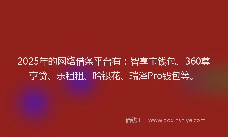 2025年的网络借条平台有：智享宝钱包、360尊享贷、乐租租、哈银花、瑞泽Pro钱包等。