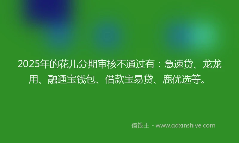 2025年的花儿分期审核不通过有：急速贷、龙龙用、融通宝钱包、借款宝易贷、鹿优选等。