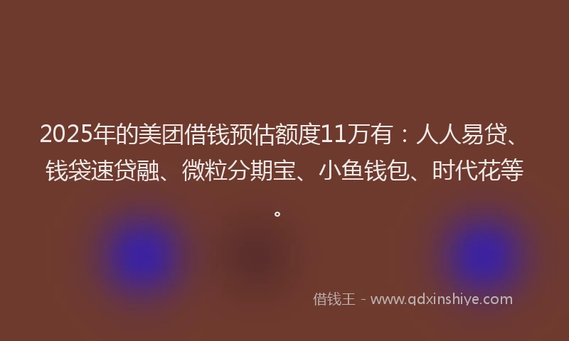 2025年的美团借钱预估额度11万有：人人易贷、钱袋速贷融、微粒分期宝、小鱼钱包、时代花等。
