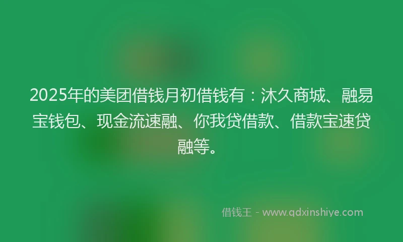 2025年的美团借钱月初借钱有：沐久商城、融易宝钱包、现金流速融、你我贷借款、借款宝速贷融等。