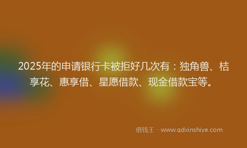 2025年的申请银行卡被拒好几次有：独角兽、桔享花、惠享借、星愿借款、现金借款宝等。