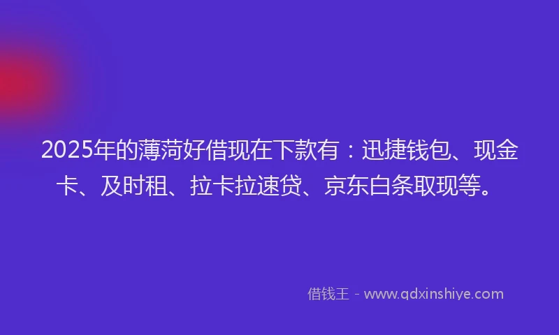 2025年的薄菏好借现在下款有：迅捷钱包、现金卡、及时租、拉卡拉速贷、京东白条取现等。