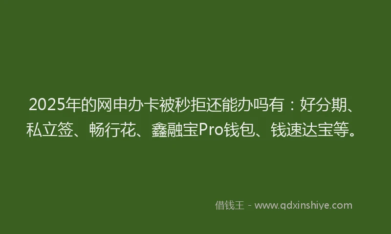 2025年的网申办卡被秒拒还能办吗有：好分期、私立签、畅行花、鑫融宝Pro钱包、钱速达宝等。