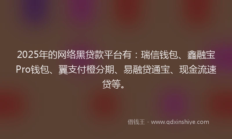 2025年的网络黑贷款平台有：瑞信钱包、鑫融宝Pro钱包、翼支付橙分期、易融贷通宝、现金流速贷等。