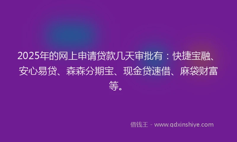 2025年的网上申请贷款几天审批有：快捷宝融、安心易贷、森森分期宝、现金贷速借、麻袋财富等。