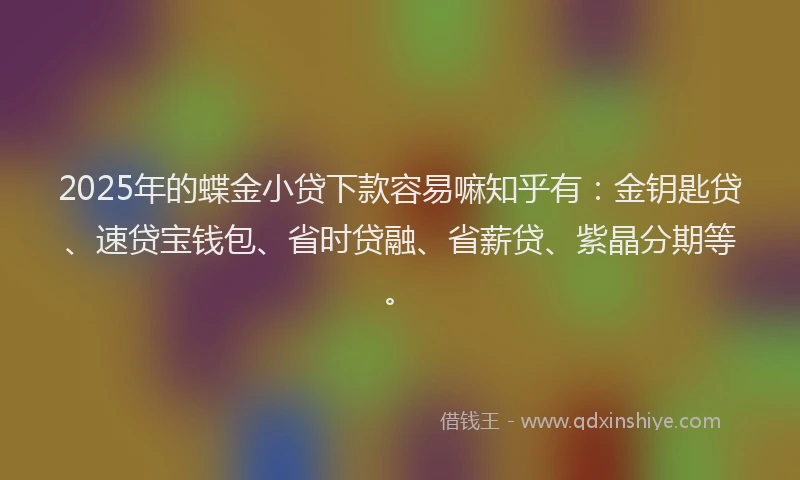 2025年的蝶金小贷下款容易嘛知乎有：金钥匙贷、速贷宝钱包、省时贷融、省薪贷、紫晶分期等。