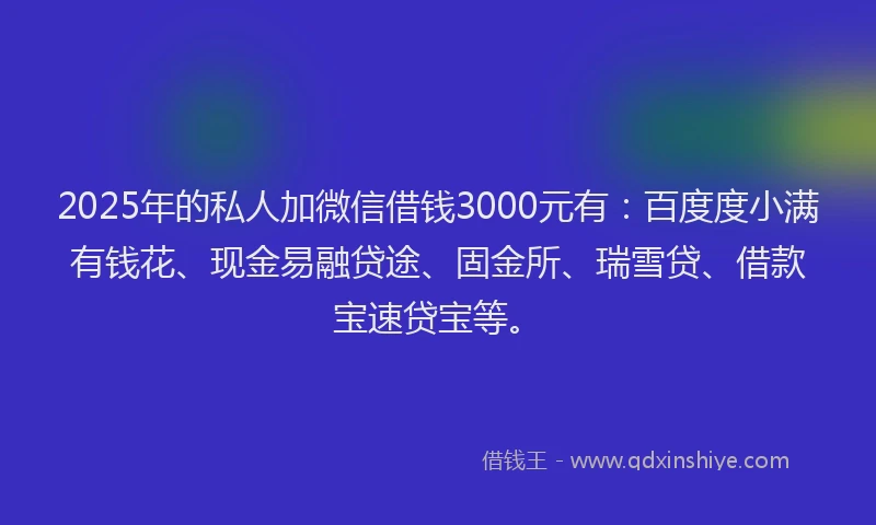 2025年的私人加微信借钱3000元有：百度度小满有钱花、现金易融贷途、固金所、瑞雪贷、借款宝速贷宝等。