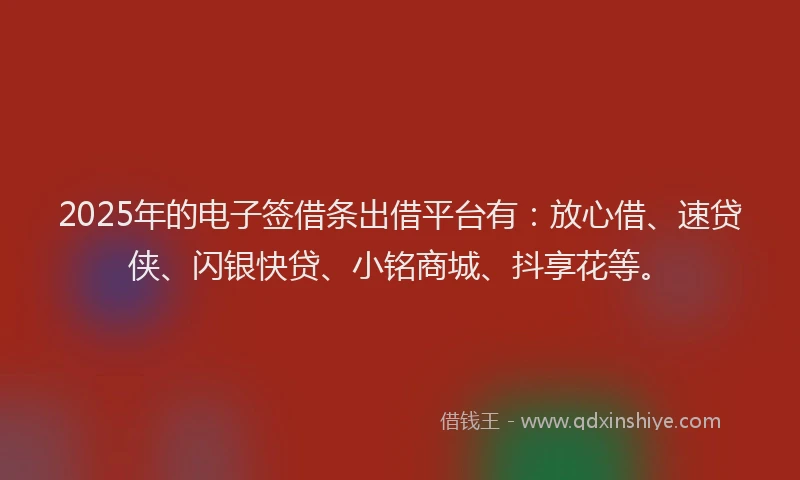 2025年的电子签借条出借平台有：放心借、速贷侠、闪银快贷、小铭商城、抖享花等。