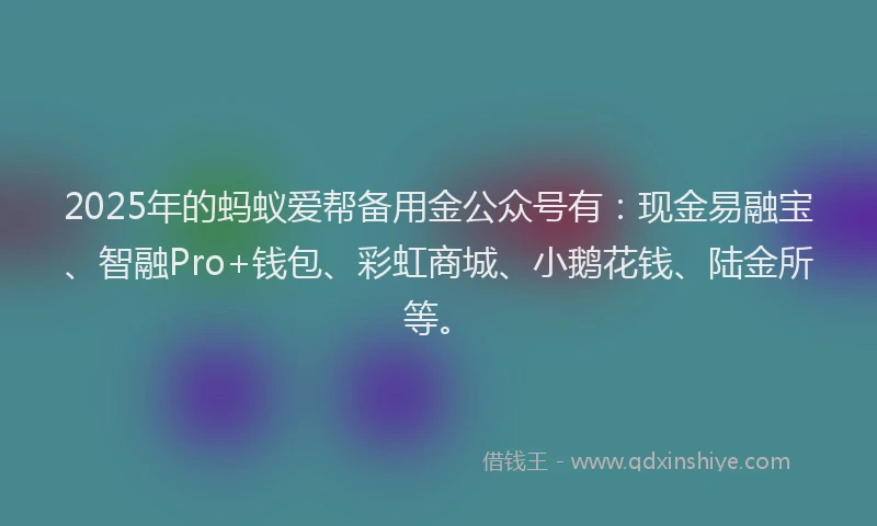 2025年的蚂蚁爱帮备用金公众号有：现金易融宝、智融Pro+钱包、彩虹商城、小鹅花钱、陆金所等。