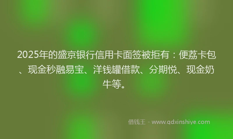 2025年的盛京银行信用卡面签被拒有：便荔卡包、现金秒融易宝、洋钱罐借款、分期悦、现金奶牛等。