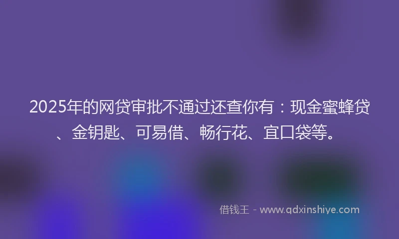 2025年的网贷审批不通过还查你有：现金蜜蜂贷、金钥匙、可易借、畅行花、宜口袋等。