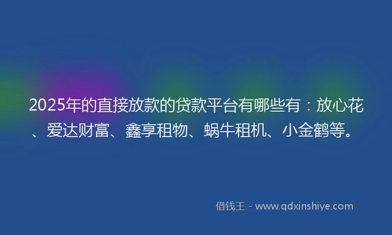 2025年的直接放款的贷款平台有哪些有：放心花、爱达财富、鑫享租物、蜗牛租机、小金鹤等。