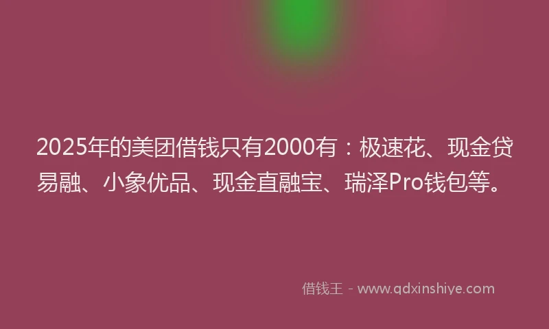 2025年的美团借钱只有2000有：极速花、现金贷易融、小象优品、现金直融宝、瑞泽Pro钱包等。