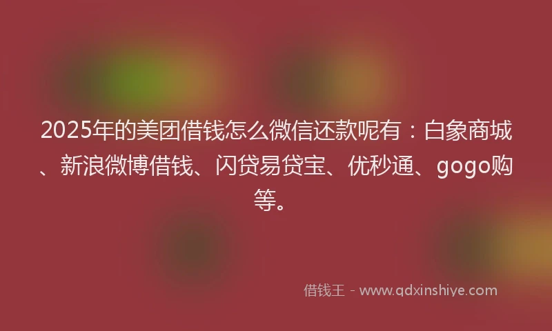 2025年的美团借钱怎么微信还款呢有：白象商城、新浪微博借钱、闪贷易贷宝、优秒通、gogo购等。