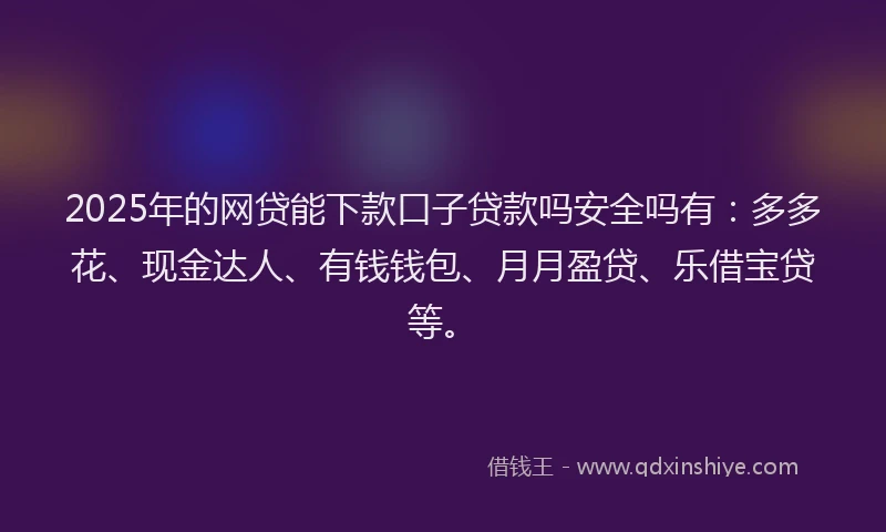 2025年的网贷能下款口子贷款吗安全吗有：多多花、现金达人、有钱钱包、月月盈贷、乐借宝贷等。