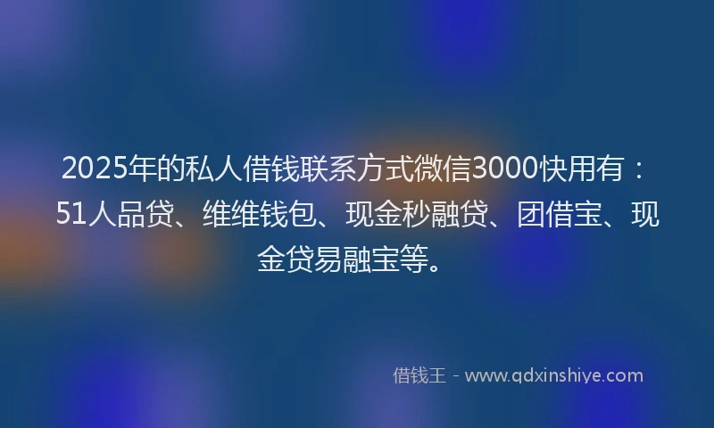 2025年的私人借钱联系方式微信3000快用有：51人品贷、维维钱包、现金秒融贷、团借宝、现金贷易融宝等。