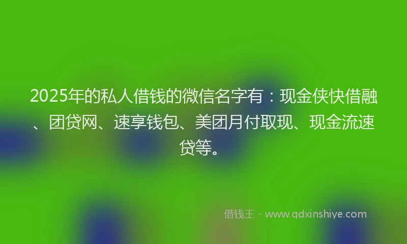 2025年的私人借钱的微信名字有：现金侠快借融、团贷网、速享钱包、美团月付取现、现金流速贷等。