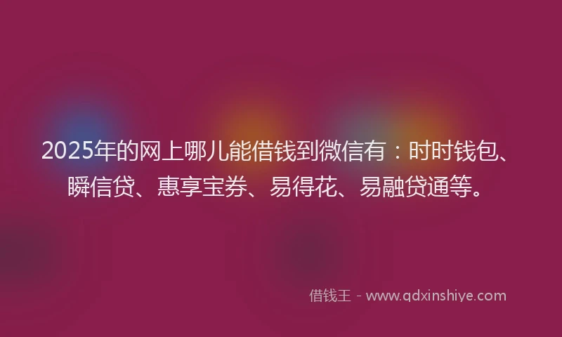 2025年的网上哪儿能借钱到微信有：时时钱包、瞬信贷、惠享宝券、易得花、易融贷通等。