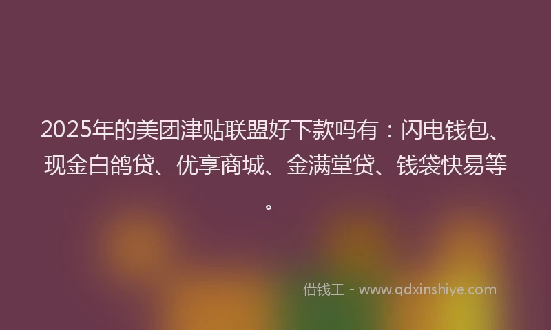 2025年的美团津贴联盟好下款吗有：闪电钱包、现金白鸽贷、优享商城、金满堂贷、钱袋快易等。