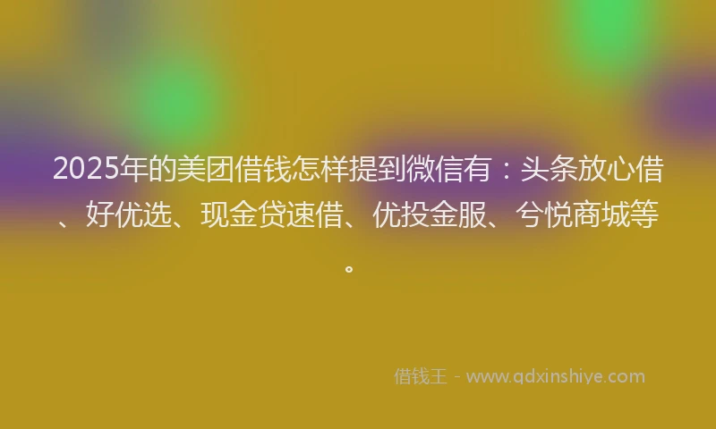 2025年的美团借钱怎样提到微信有：头条放心借、好优选、现金贷速借、优投金服、兮悦商城等。