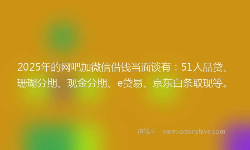 2025年的网吧加微信借钱当面谈有：51人品贷、珊瑚分期、现金分期、e贷易、京东白条取现等。