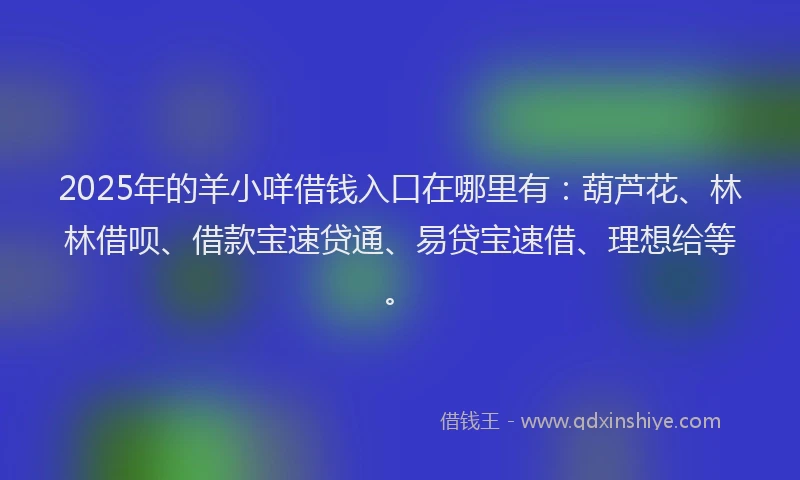 2025年的羊小咩借钱入口在哪里有：葫芦花、林林借呗、借款宝速贷通、易贷宝速借、理想给等。