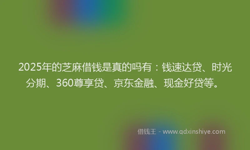 2025年的芝麻借钱是真的吗有：钱速达贷、时光分期、360尊享贷、京东金融、现金好贷等。