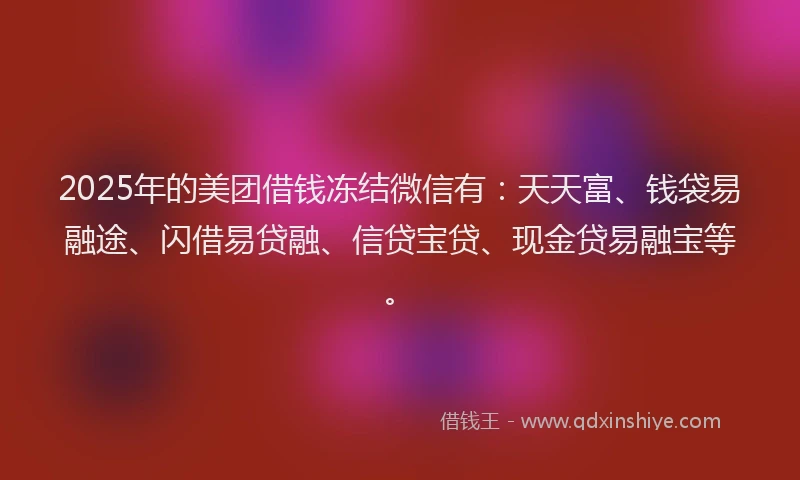 2025年的美团借钱冻结微信有：天天富、钱袋易融途、闪借易贷融、信贷宝贷、现金贷易融宝等。