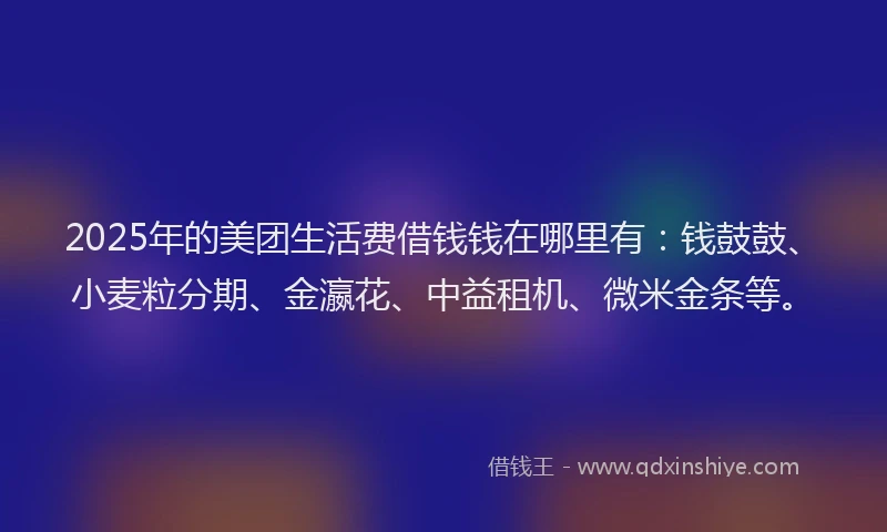 2025年的美团生活费借钱钱在哪里有：钱鼓鼓、小麦粒分期、金瀛花、中益租机、微米金条等。