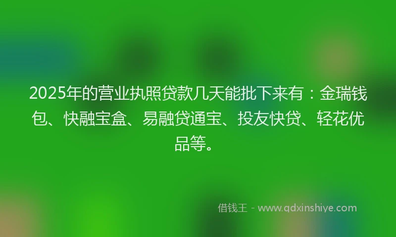 2025年的营业执照贷款几天能批下来有：金瑞钱包、快融宝盒、易融贷通宝、投友快贷、轻花优品等。