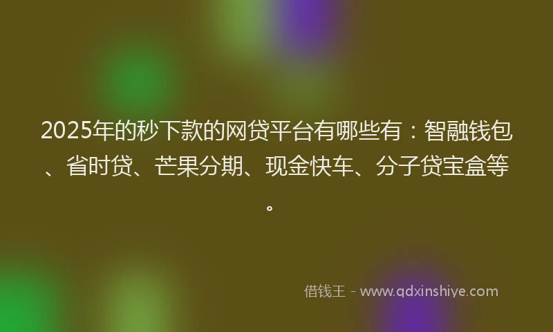 2025年的秒下款的网贷平台有哪些有：智融钱包、省时贷、芒果分期、现金快车、分子贷宝盒等。