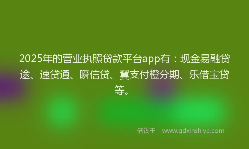 2025年的营业执照贷款平台app有：现金易融贷途、速贷通、瞬信贷、翼支付橙分期、乐借宝贷等。