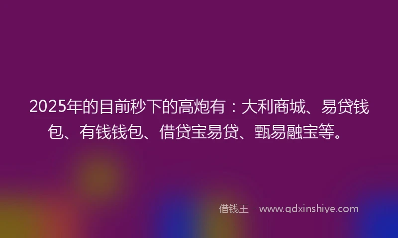 2025年的目前秒下的高炮有：大利商城、易贷钱包、有钱钱包、借贷宝易贷、甄易融宝等。