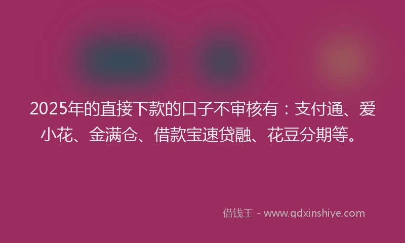2025年的直接下款的口子不审核有：支付通、爱小花、金满仓、借款宝速贷融、花豆分期等。