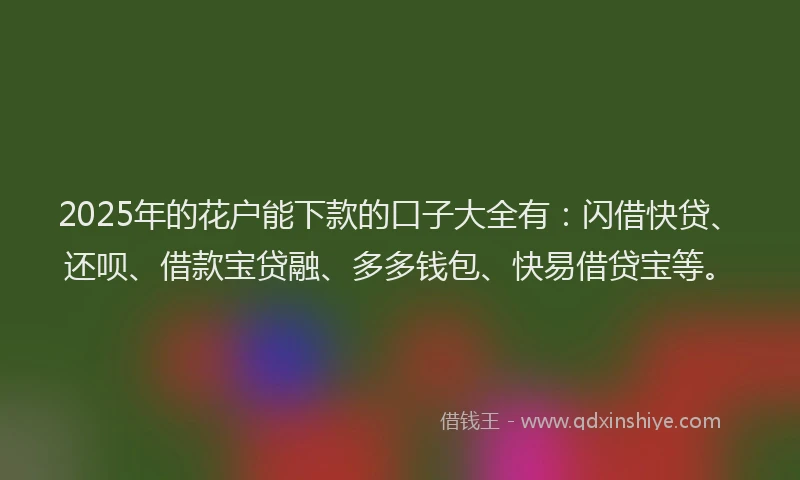 2025年的花户能下款的口子大全有：闪借快贷、还呗、借款宝贷融、多多钱包、快易借贷宝等。