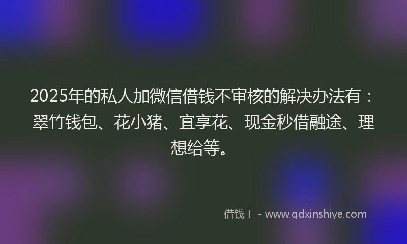 2025年的私人加微信借钱不审核的解决办法有：翠竹钱包、花小猪、宜享花、现金秒借融途、理想给等。