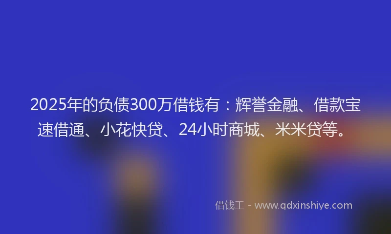 2025年的负债300万借钱有：辉誉金融、借款宝速借通、小花快贷、24小时商城、米米贷等。